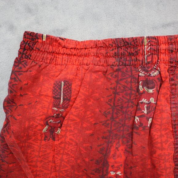 Swim Shorts Womens Red Elastic Waist Drawstring Button Pocket Graphic Print - Picture 11 of 14